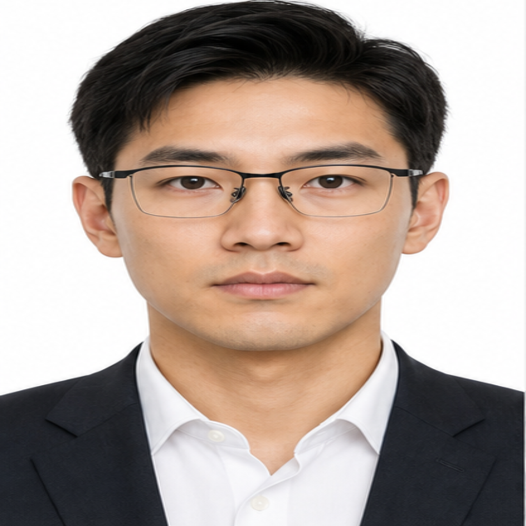 Black men's professional alloy semi-rimless glasses worn by an adult East Asian Man