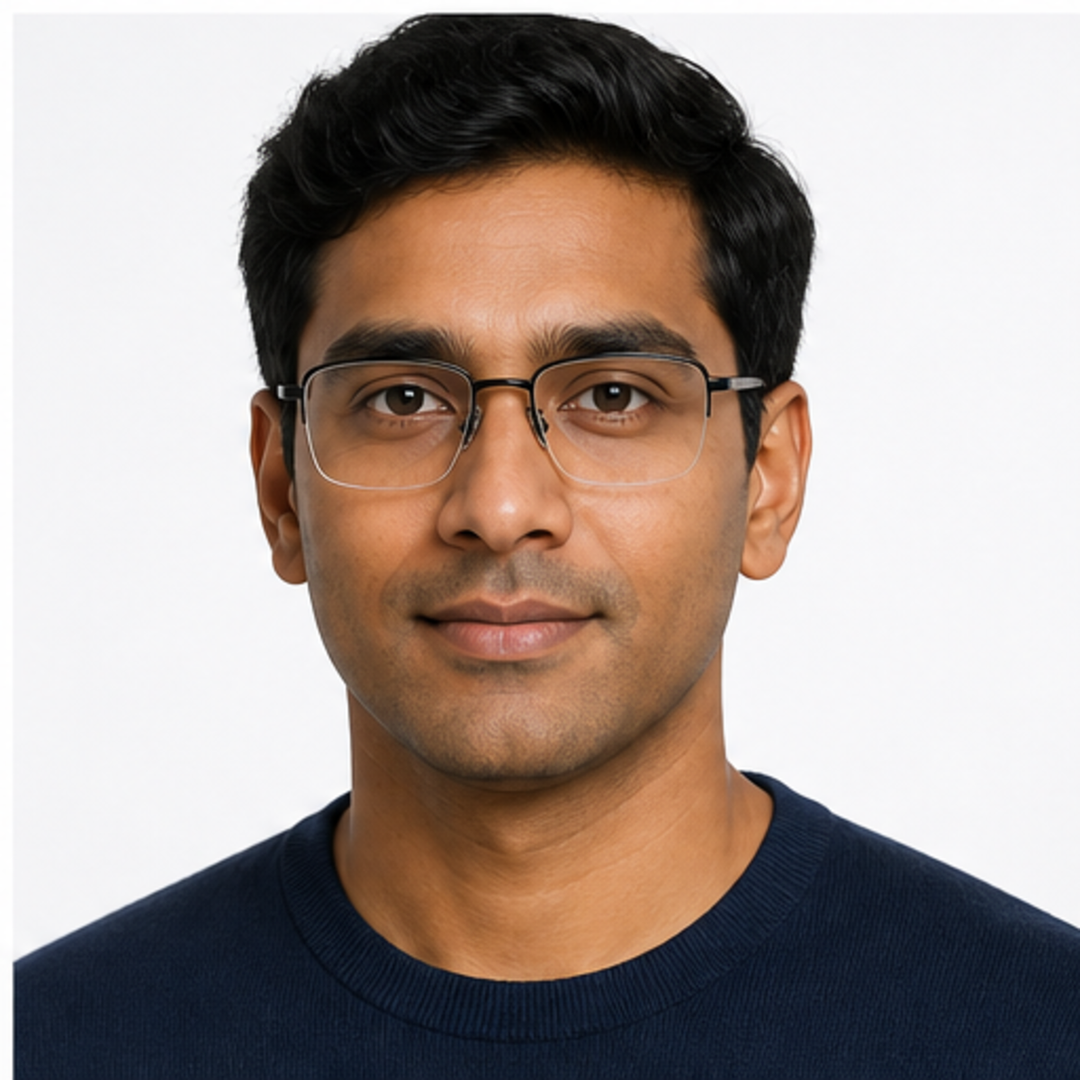 Black men's pure titanium semi-rimless glasses worn by an adult South Asian Man