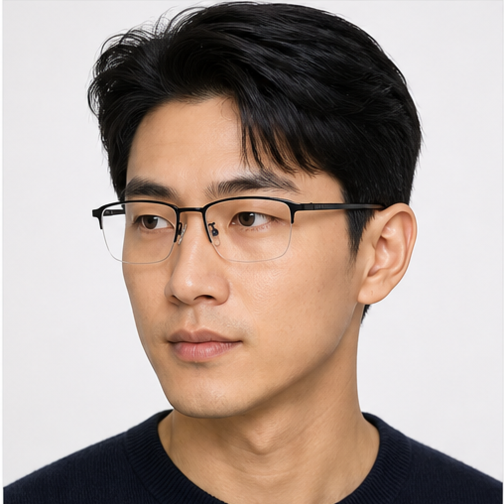 Black men's semi-titanium semi-rimless glasses worn by an adult East Asian Man