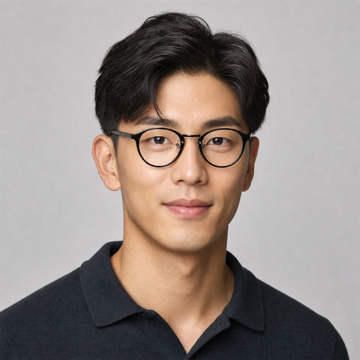 Black ultra-light round full-rim glasses worn by an adult East Asian man