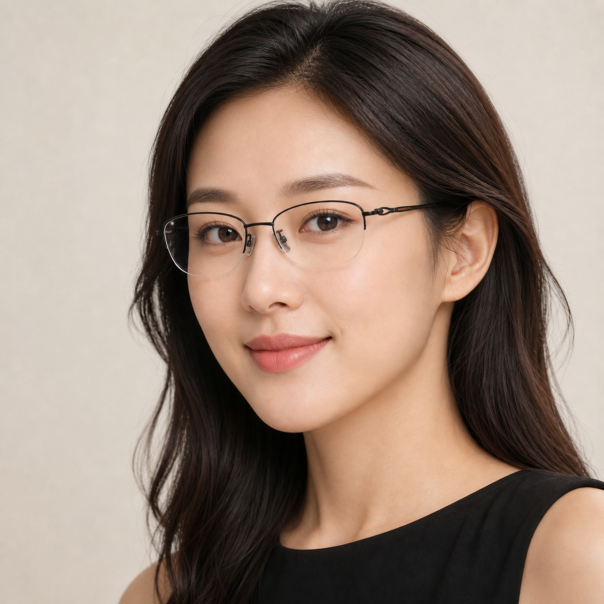 Black elegant alloy semi-rimless glasses worn by an adult East Asian woman