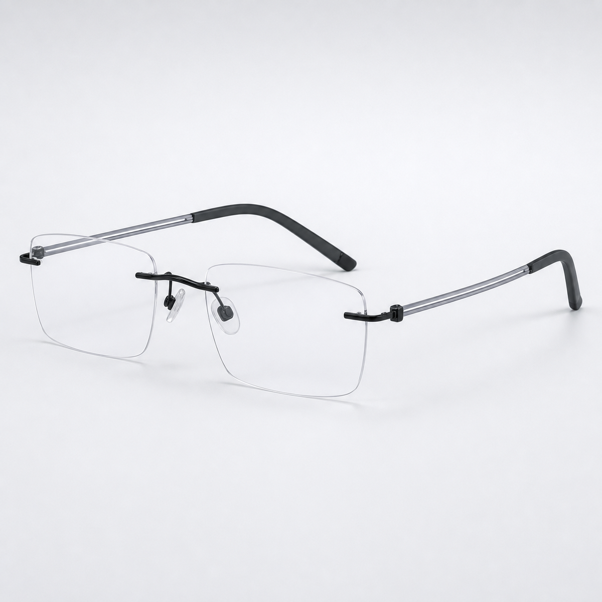Black pure titanium rectangular rimless glasses, 45-degree product view