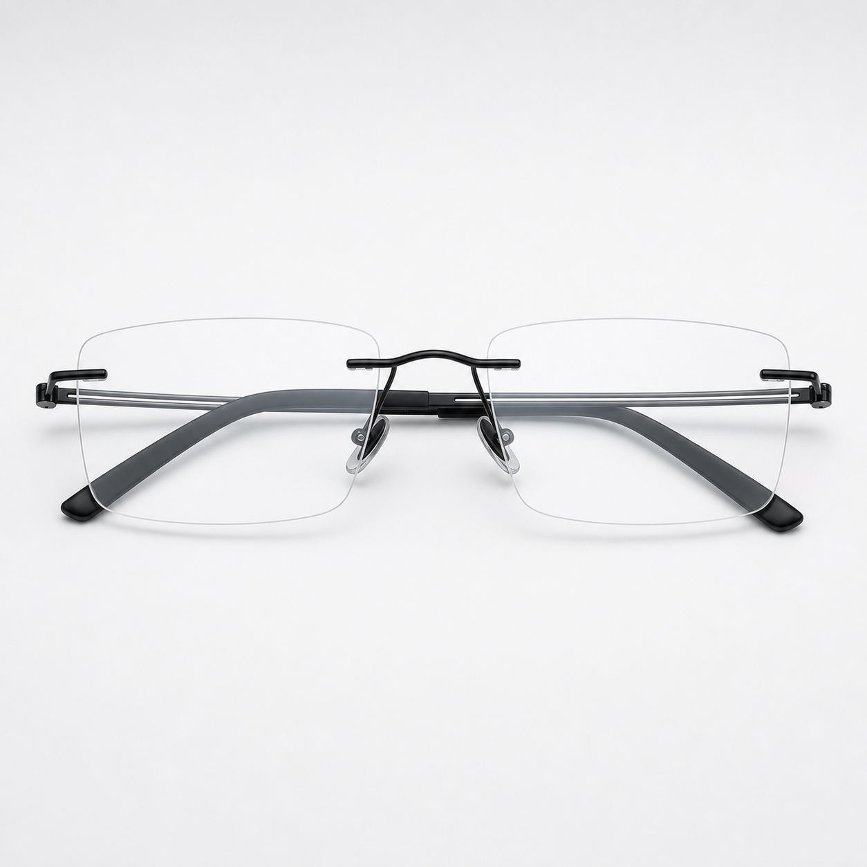 Black pure titanium rectangular rimless glasses, front product view