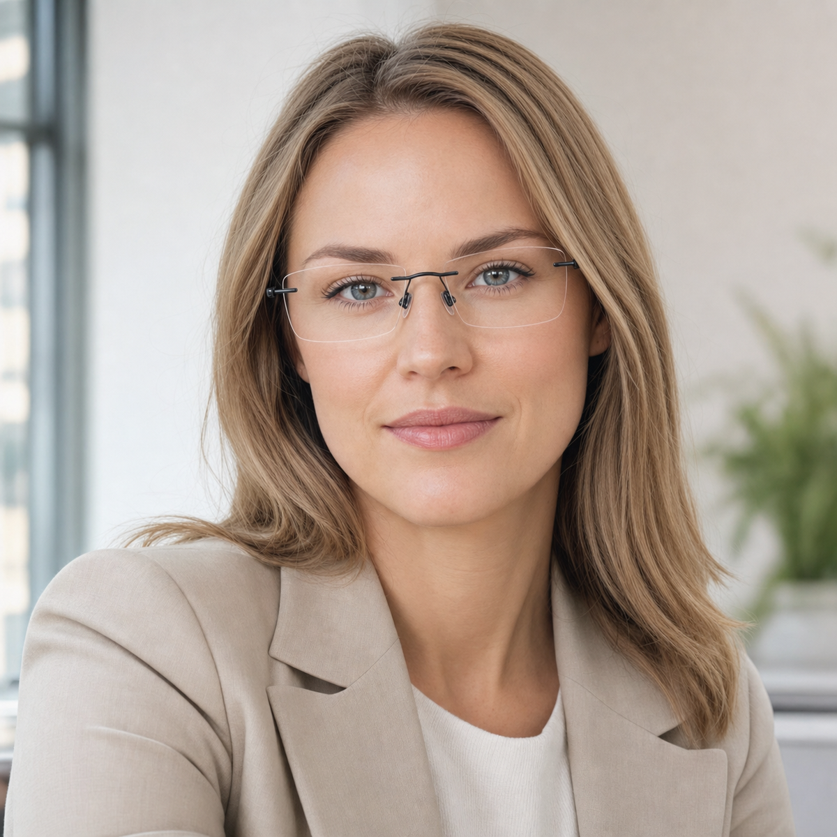 Black pure titanium rectangular rimless glasses worn by an adult White woman