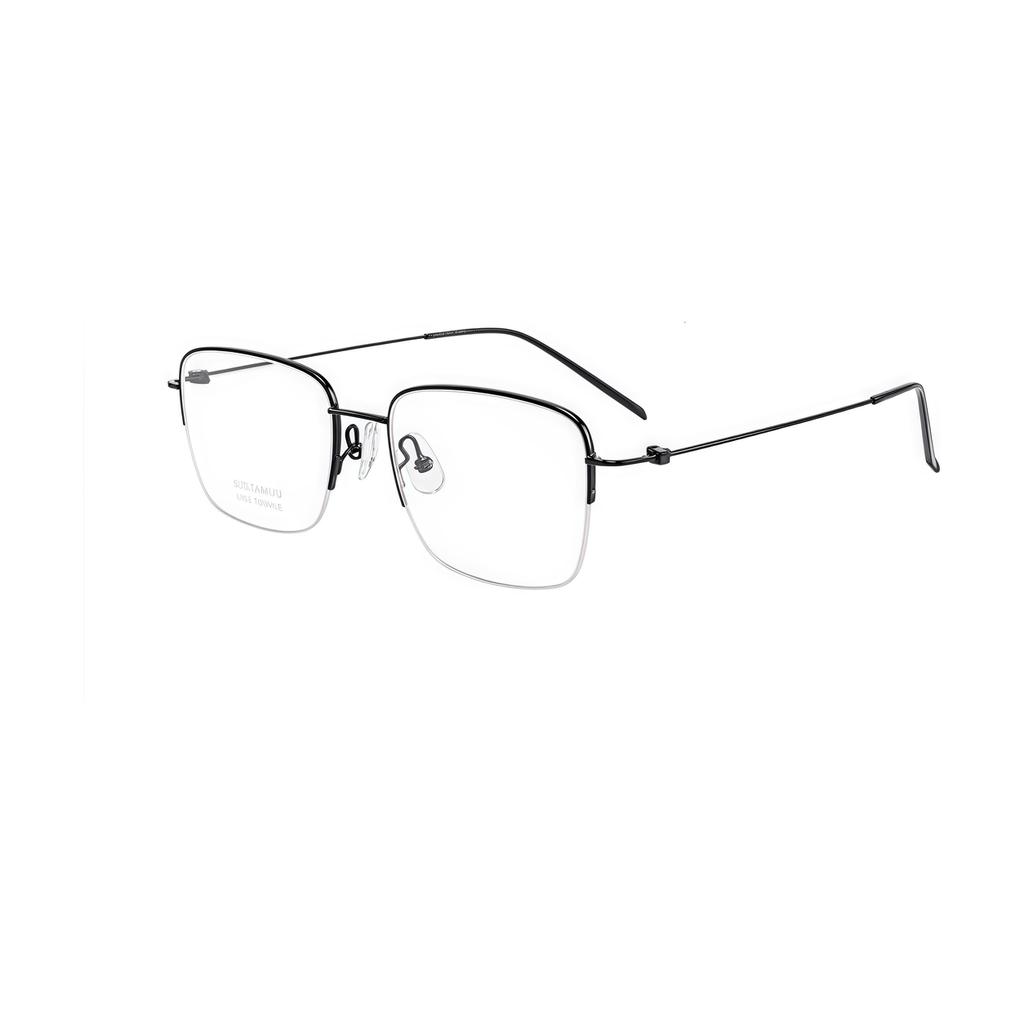 Black pure titanium semi-rimless eyeglass frame, 45-degree product view
