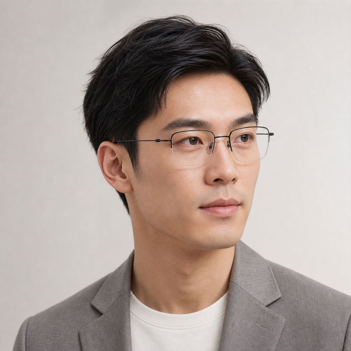 Black pure titanium semi-rimless glasses worn by an adult East Asian man