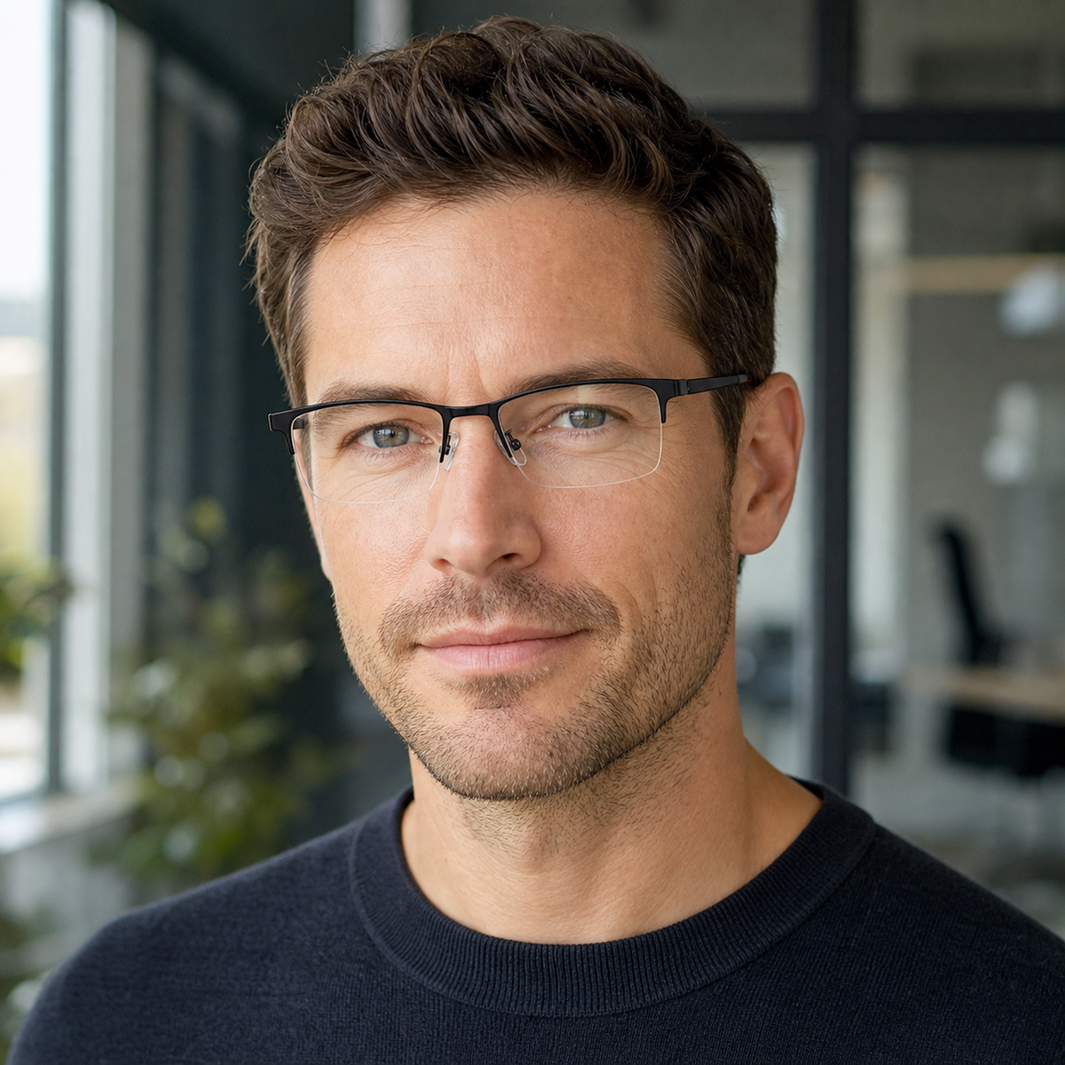Black rectangular semi-rimless glasses worn by an adult White man in an office