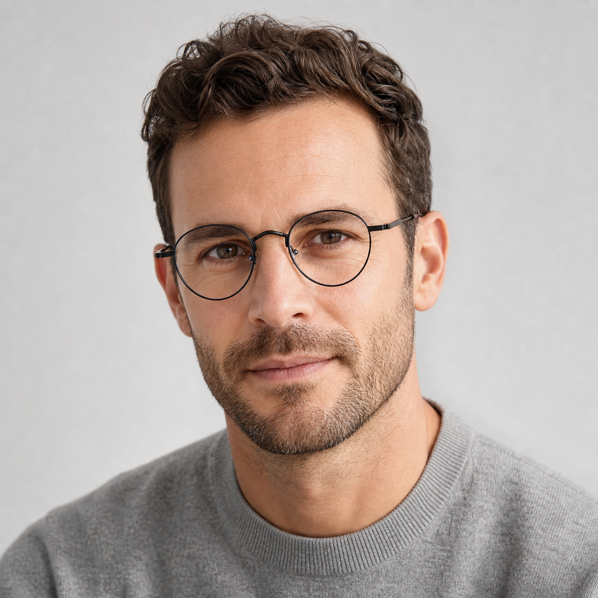 Black retro alloy round 47 mm glasses worn by an adult White man