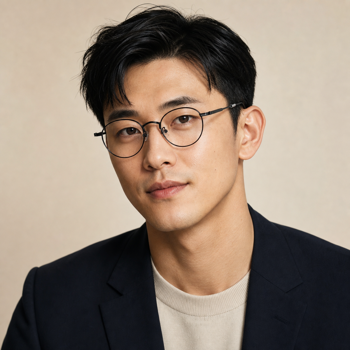 Black retro alloy round glasses worn by an adult East Asian man