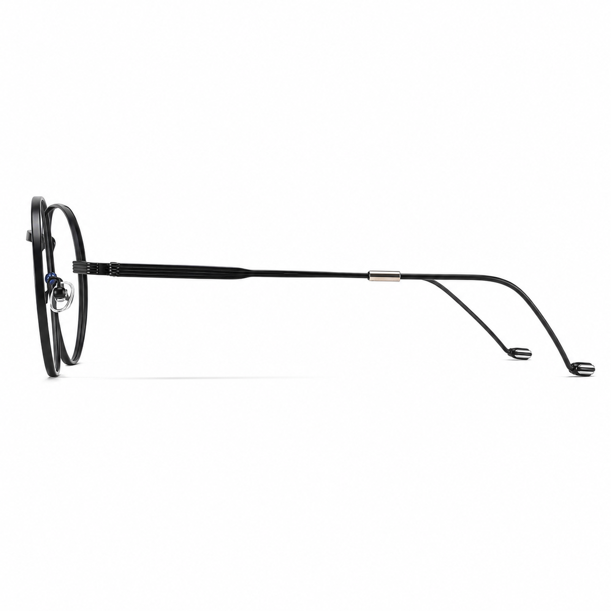 Black retro alloy round full-rim frame, side-profile product view
