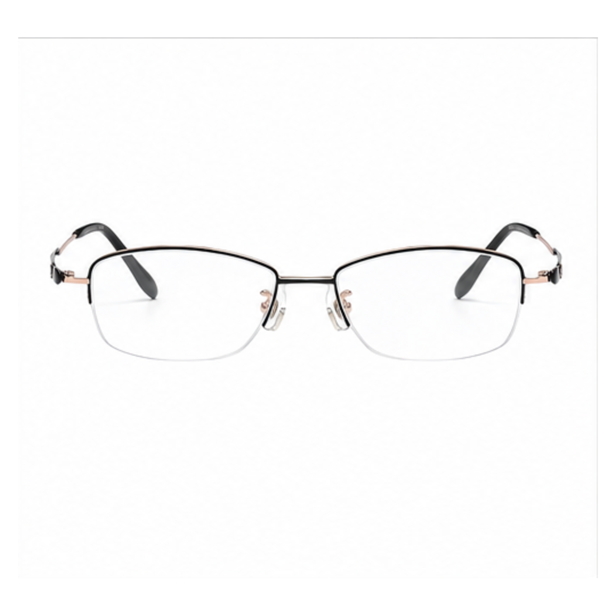 Black/Rose Gold women's minimalist pure-titanium semi-rimless glasses, front product view
