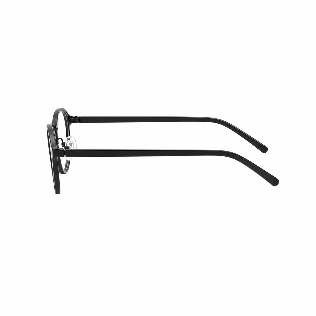 Black ultra-light round full-rim eyeglass frame, side-profile product view