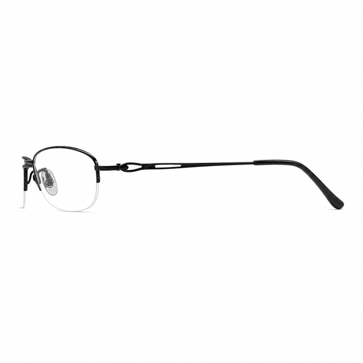 Black elegant alloy semi-rimless eyeglass frame, side-profile product view