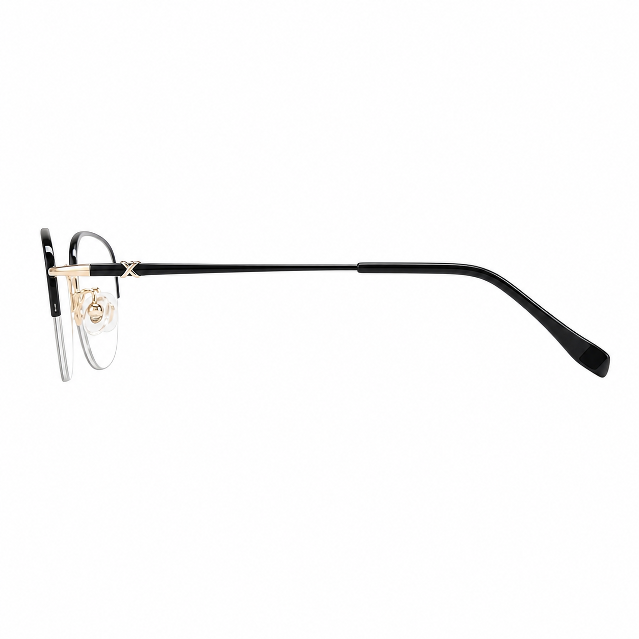 Glossy Black cat-eye semi-rimless eyeglass frame, side-profile product view