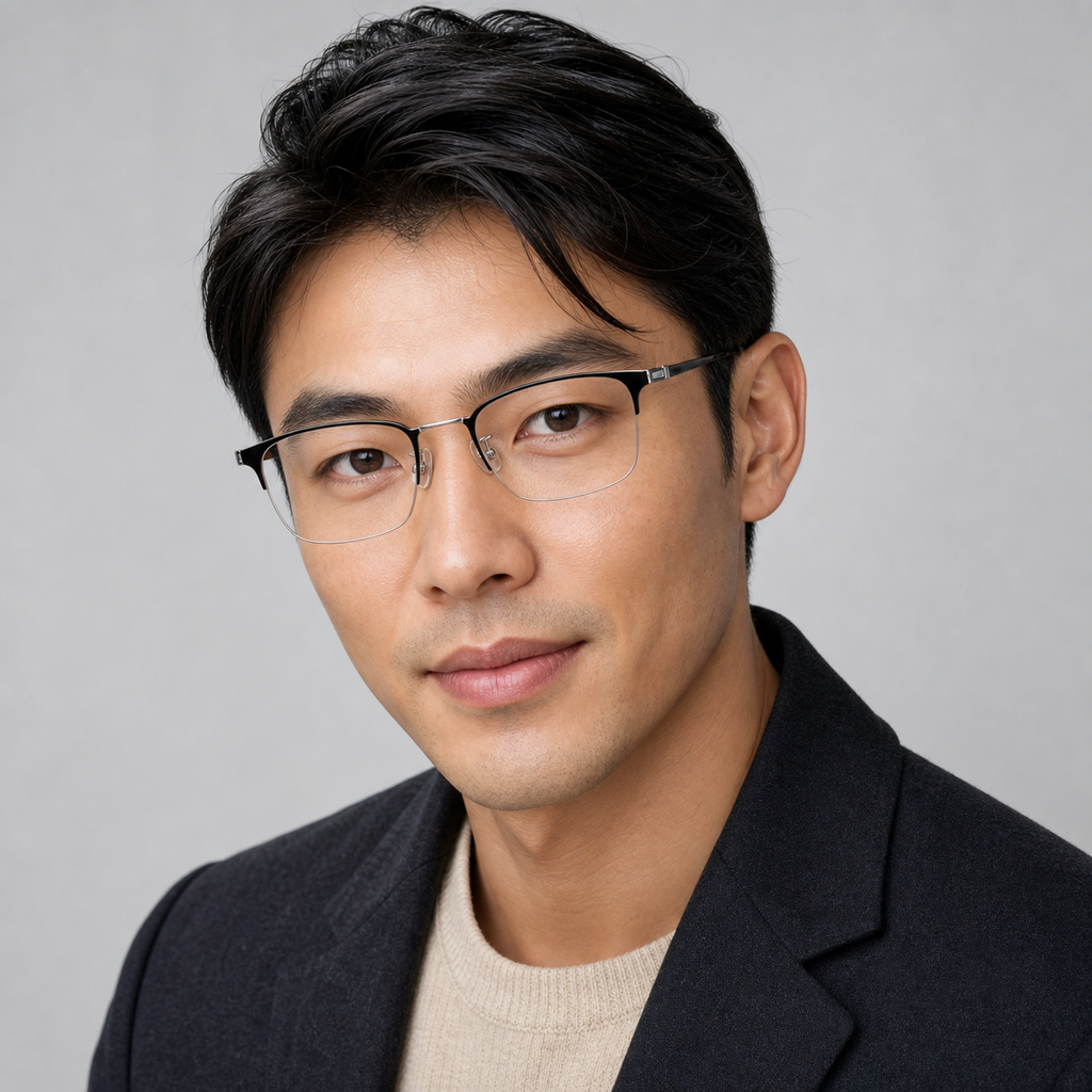 Black/Silver pure titanium semi-rimless glasses worn by an adult East Asian man