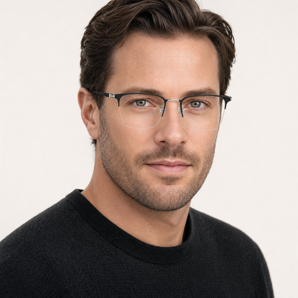 Black/Silver pure titanium semi-rimless glasses worn by an adult White man