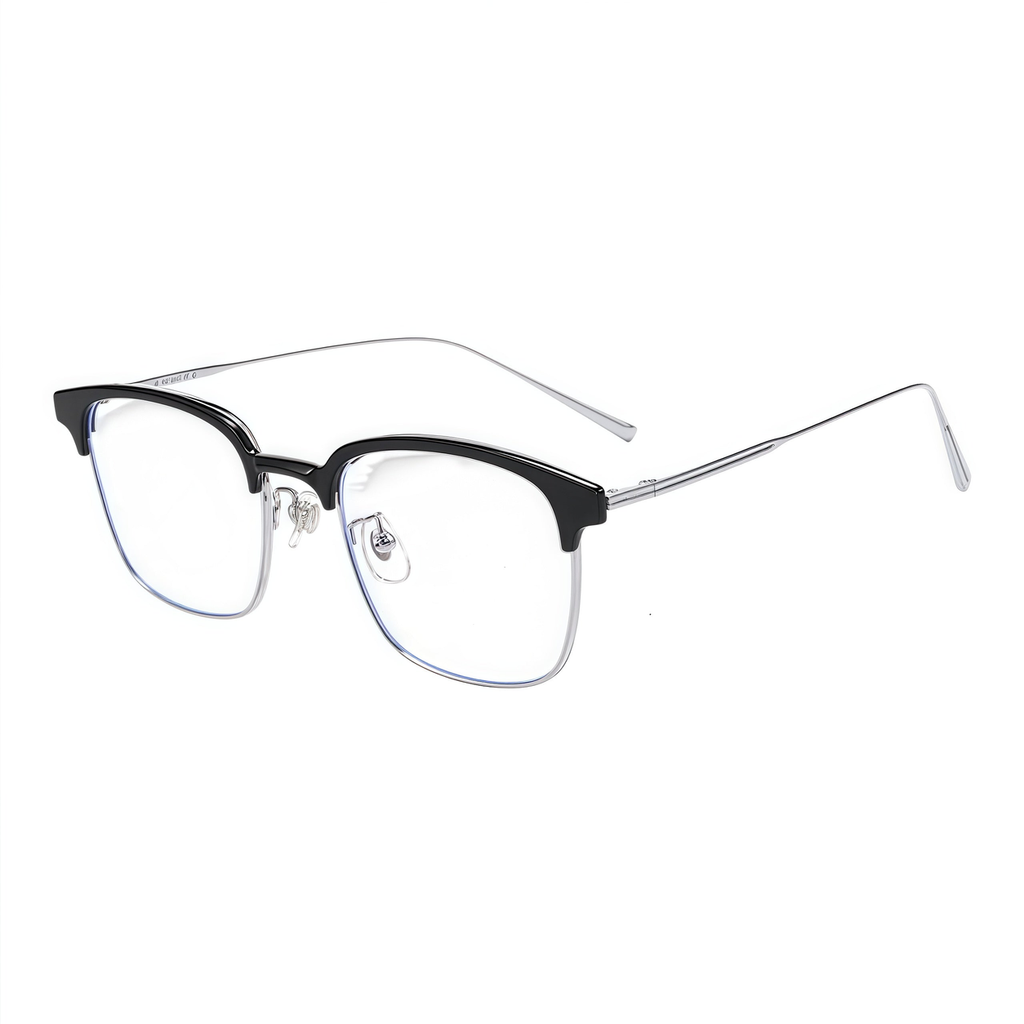 Black/Silver classic avant-garde angular semi-rimless browline glasses, 45-degree product view