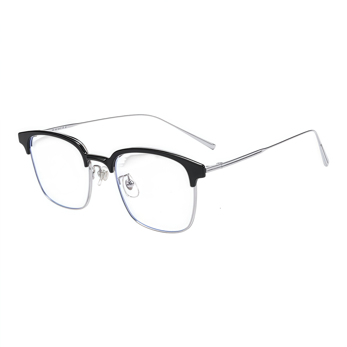 Black/Silver classic avant-garde angular semi-rimless browline glasses, 45-degree product view