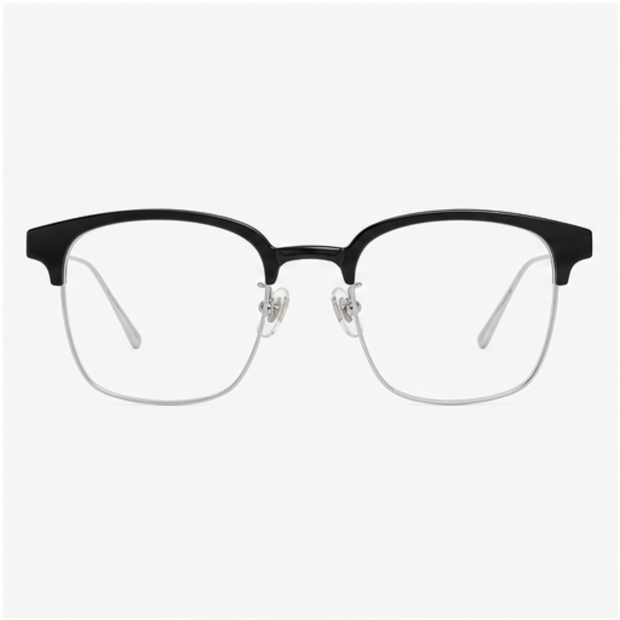 Black/Silver classic avant-garde angular semi-rimless browline glasses, front product view