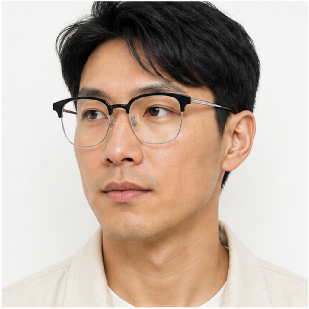 Black/Silver classic avant-garde angular semi-rimless browline glasses worn by an adult East Asian Man