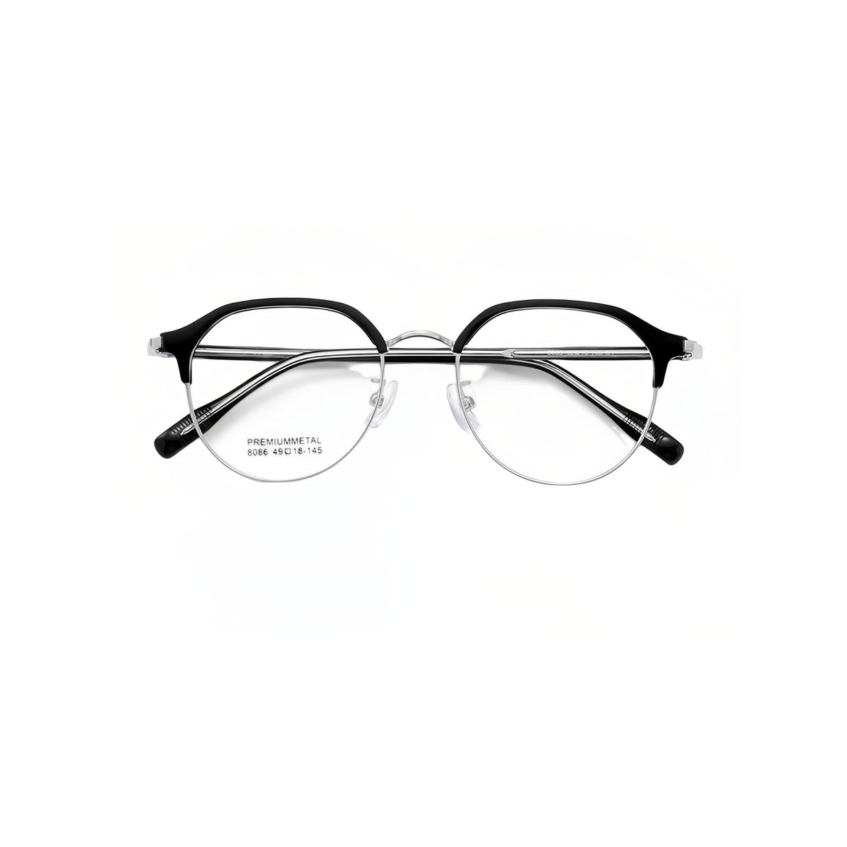 Black/Silver vintage casual rounded semi-rimless browline glasses, front product view