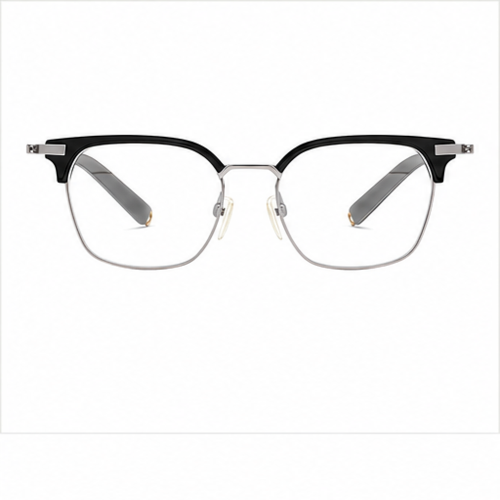 Black/Silver unisex vintage classic pure titanium semi-rimless glasses, front product view