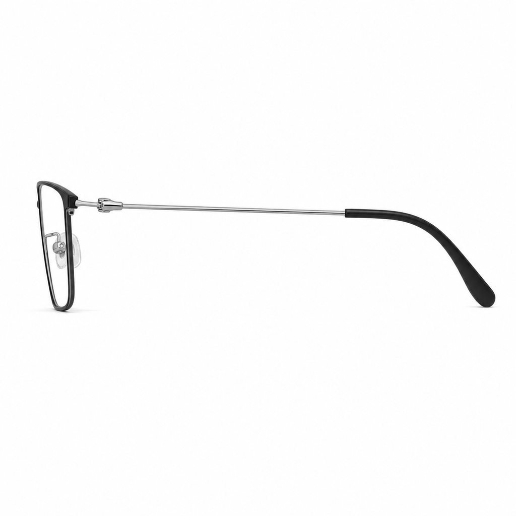Black slim rectangular full-rim eyeglass frame, side-profile product view