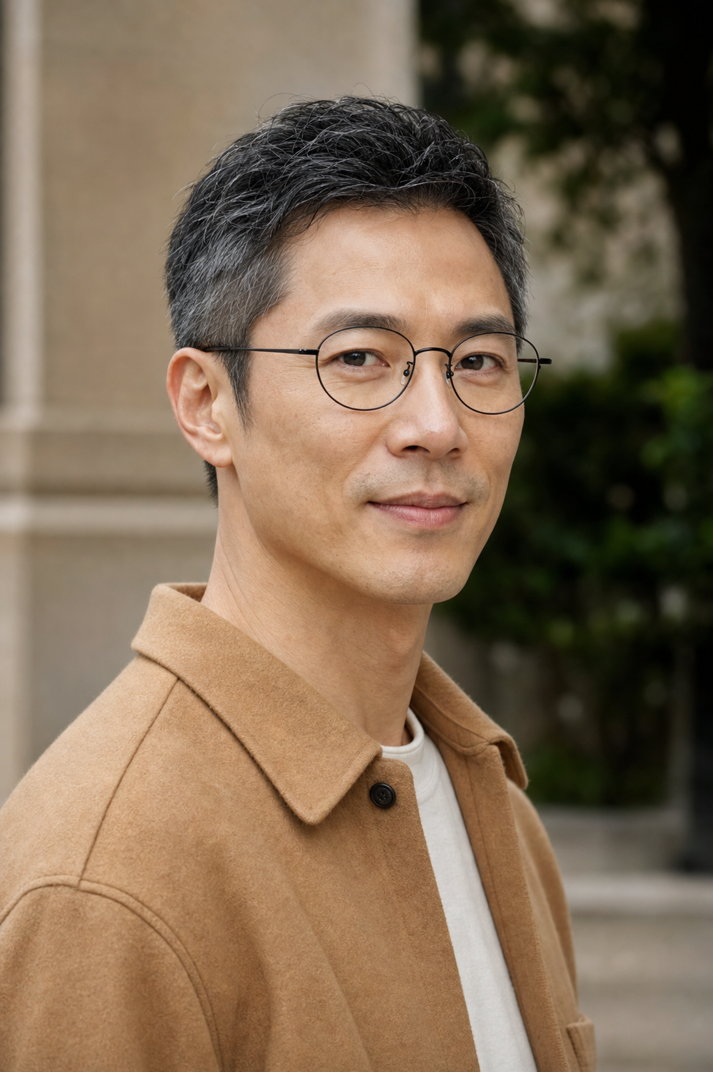 Black small-fit alloy oval glasses worn by an adult East Asian man outdoors