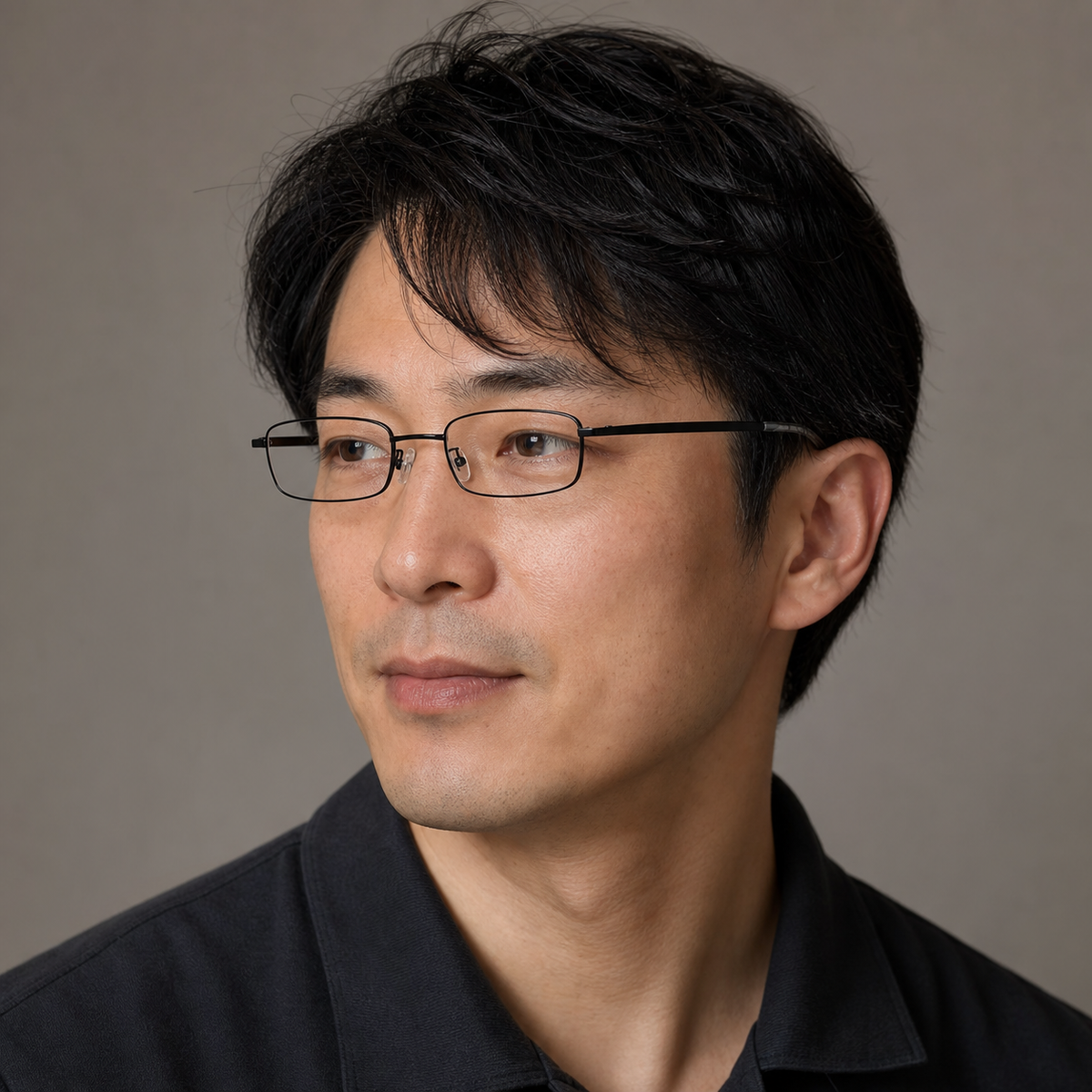 Black ultra-light alloy rectangular glasses worn by an adult East Asian man