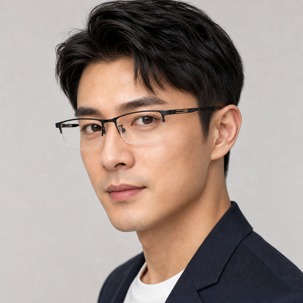 Black titanium-alloy semi-rimless glasses worn by an adult East Asian man in studio