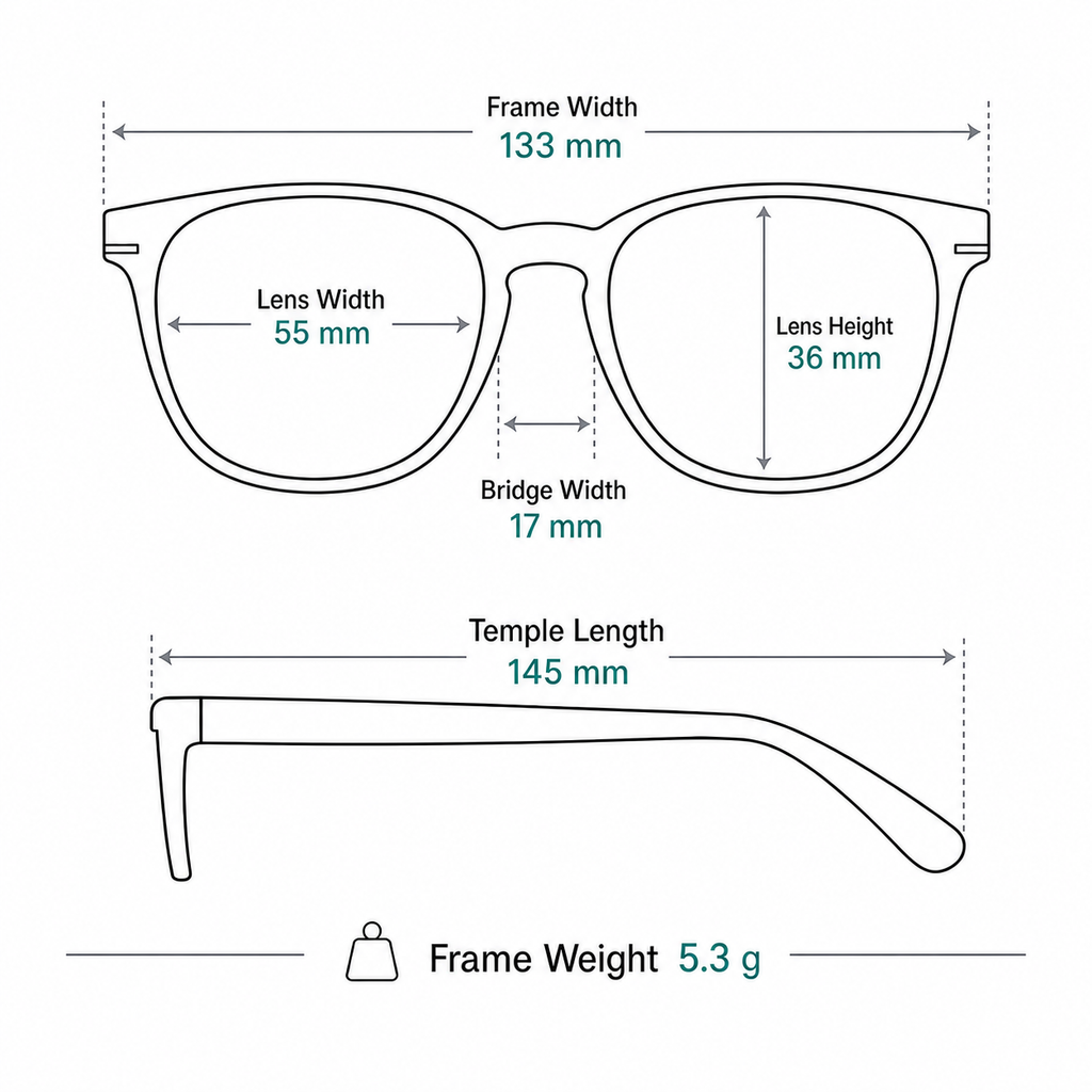 Black titanium rimless glasses measurement guide: 133 mm frame, 55 mm lens, 5.3 g weight