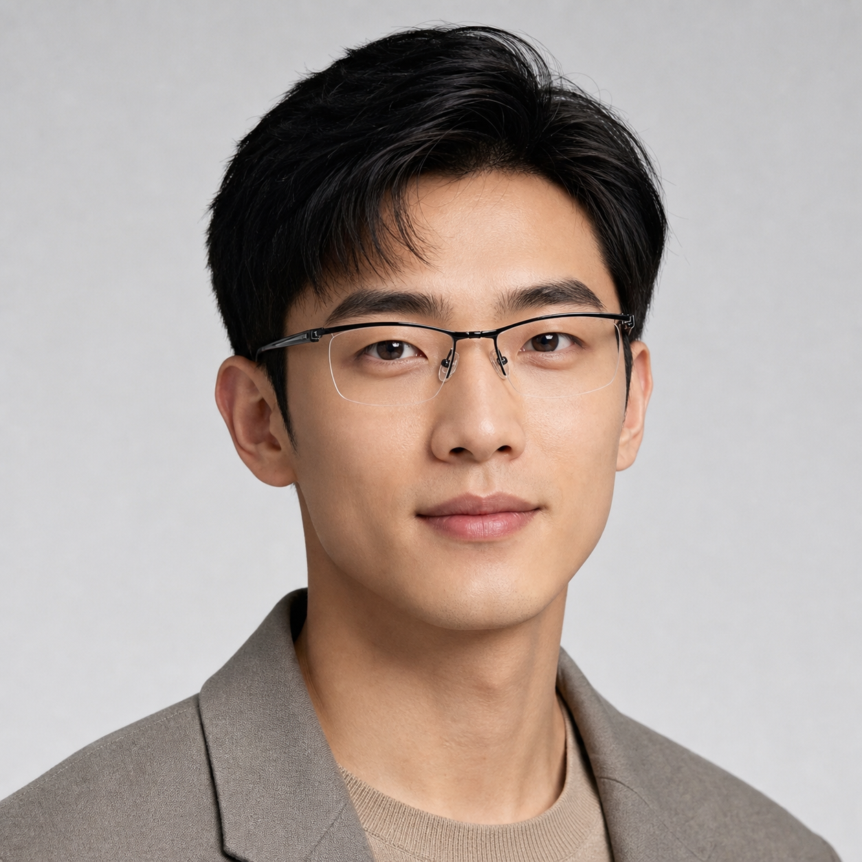 Black titanium semi-rimless rectangular glasses worn by an adult East Asian man
