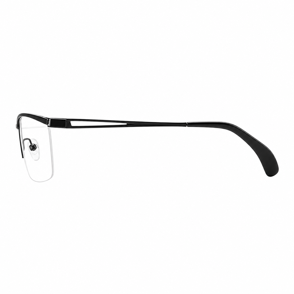 Black titanium semi-rimless rectangular glasses, side and temple product view