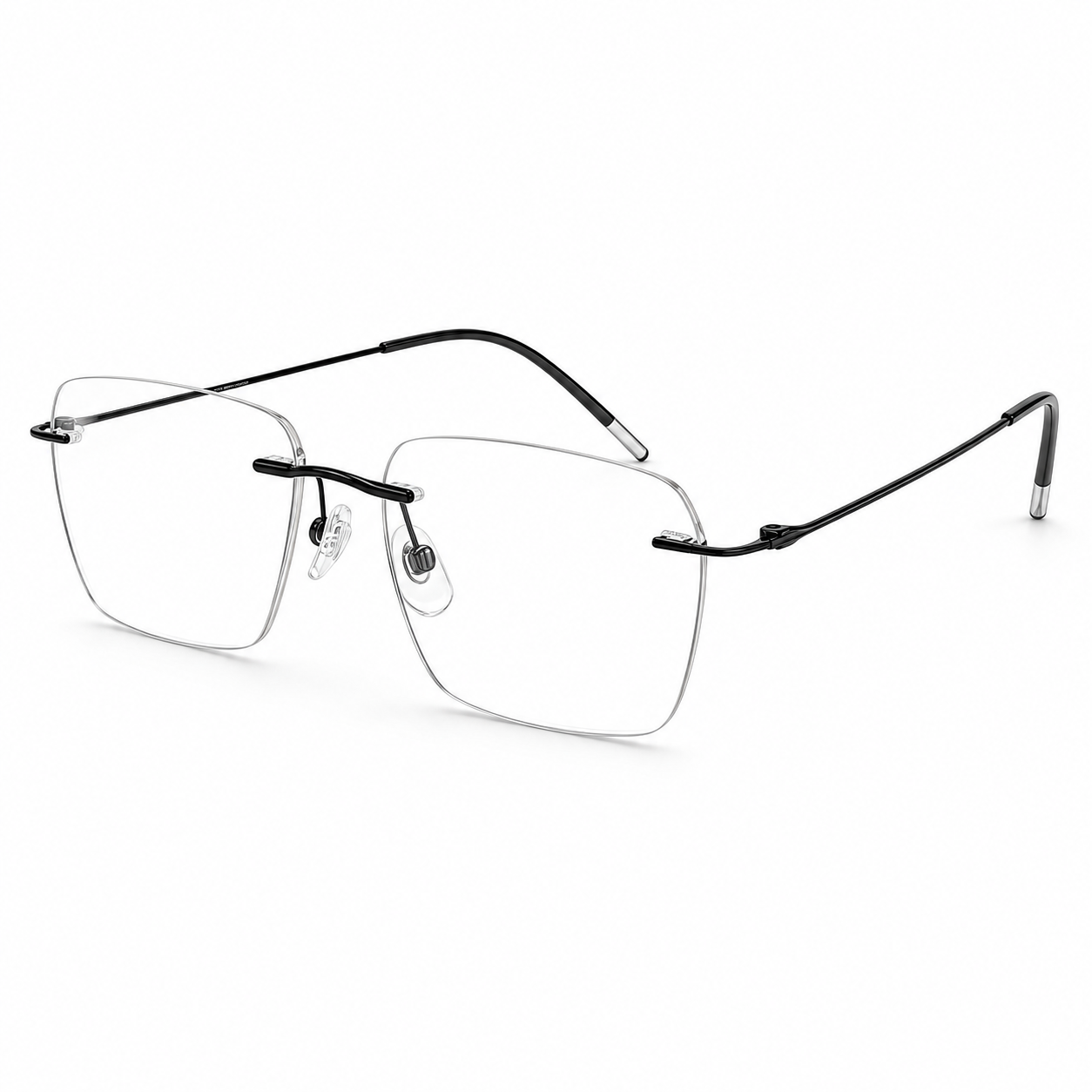 Black titanium softly squared rimless glasses, 45-degree product view