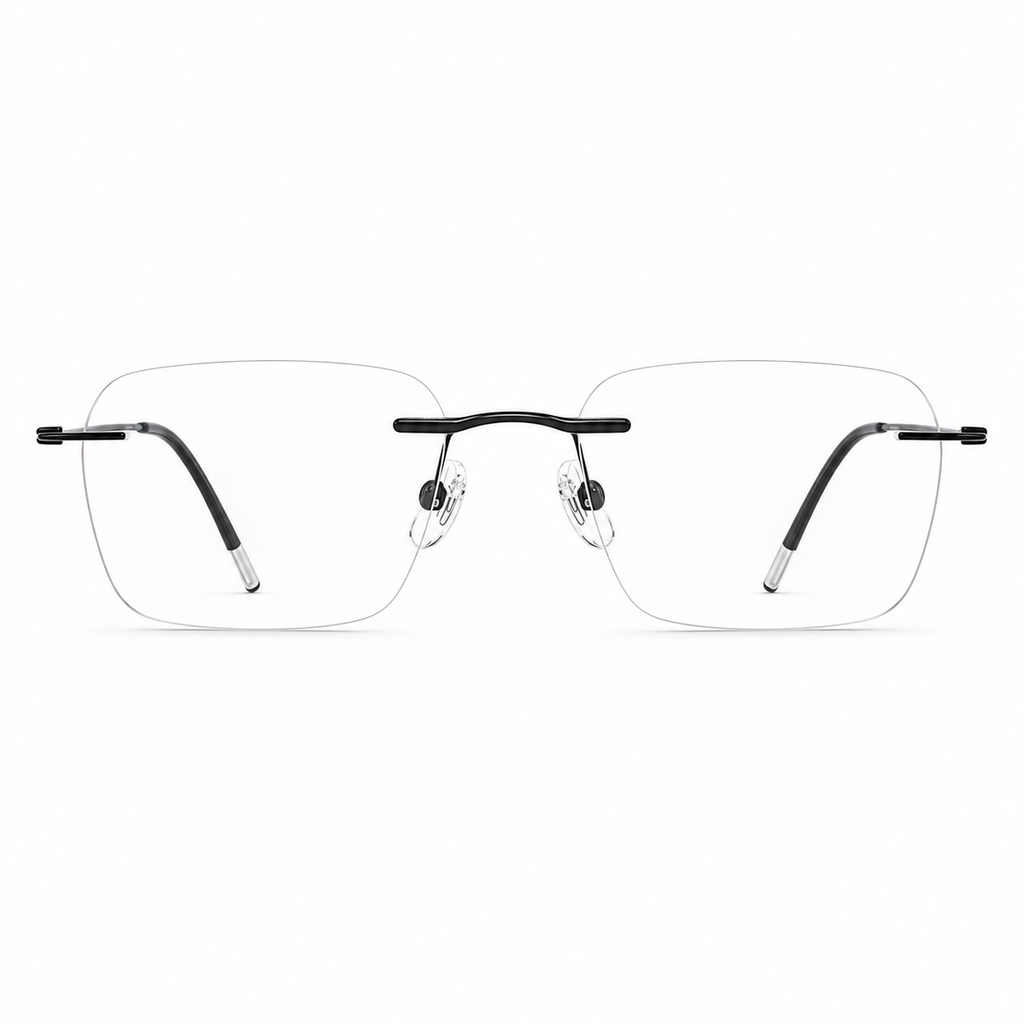 Black titanium softly squared rimless glasses, front product view