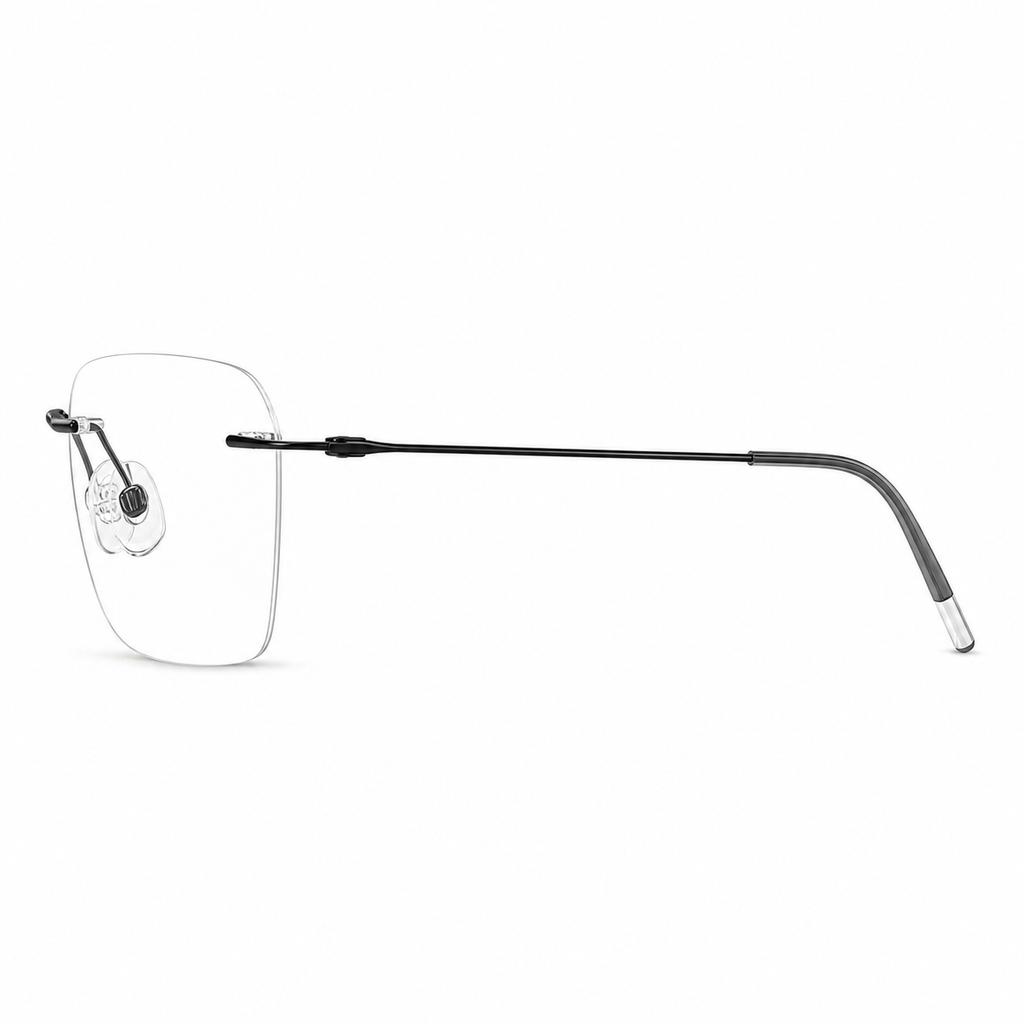 Black titanium softly squared rimless glasses, side and temple product view