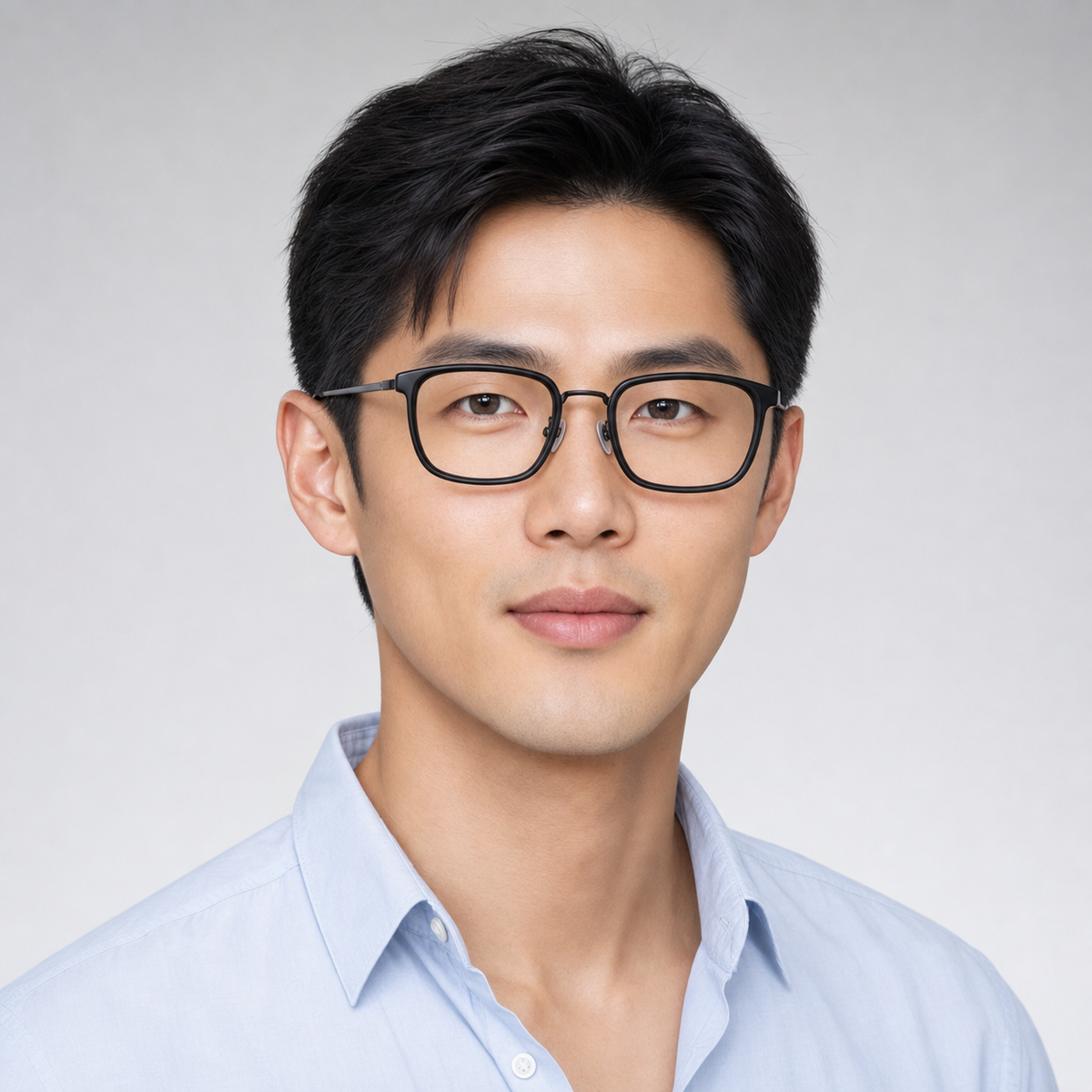 Black titanium and TR square glasses worn by an adult East Asian man