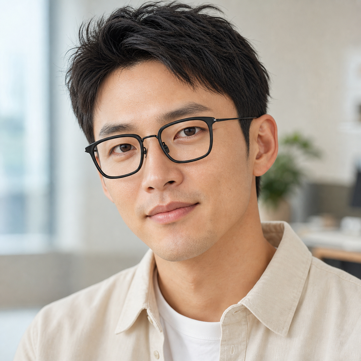 Black titanium and TR square glasses worn by an adult East Asian man in an office
