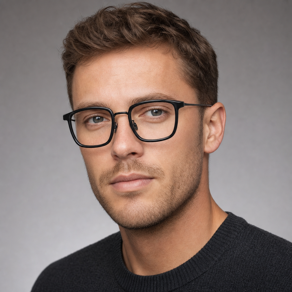 Black titanium and TR square glasses worn by an adult White man