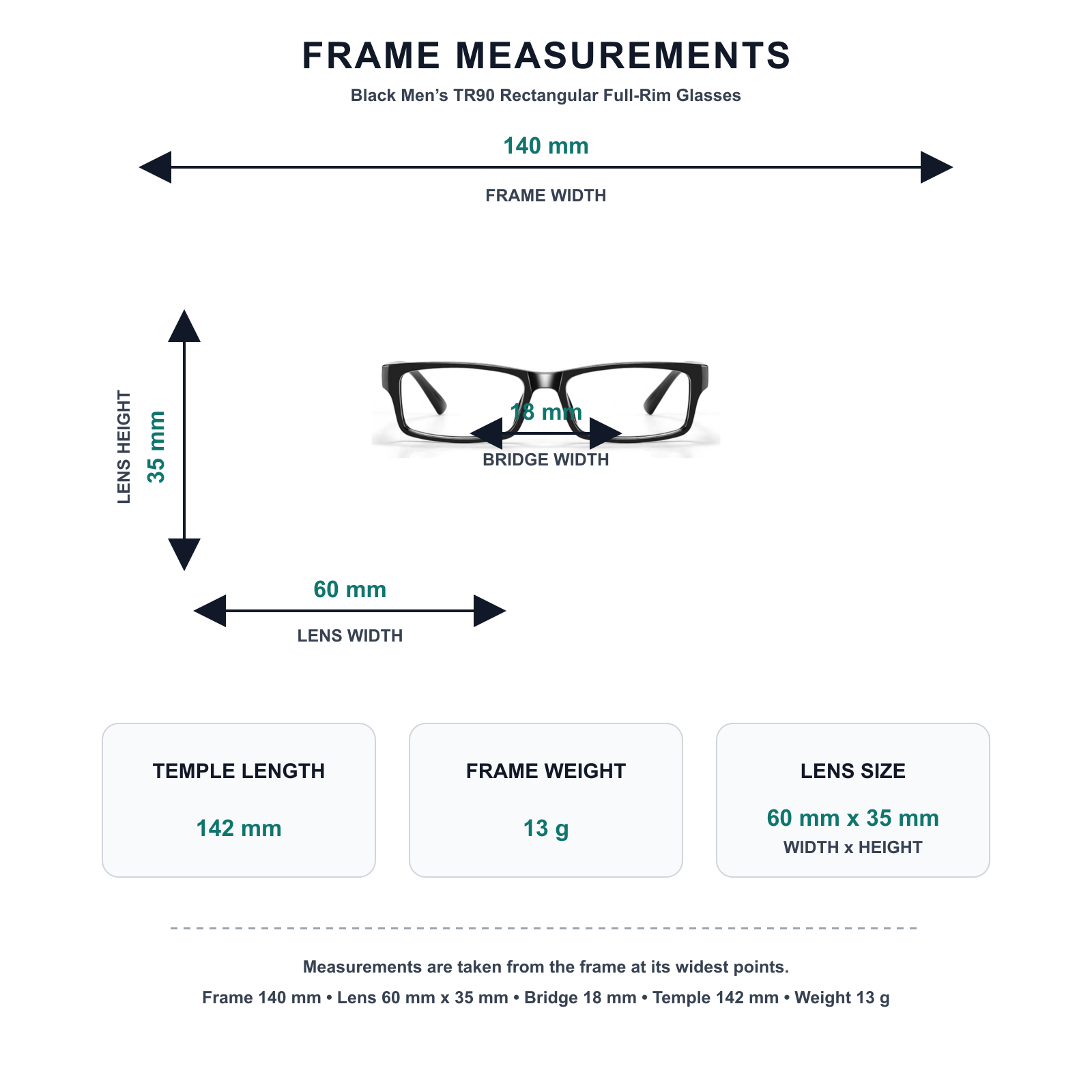 Black TR90 square full-rim glasses measurement guide: 140 mm frame, 60 mm lens, 13 g weight