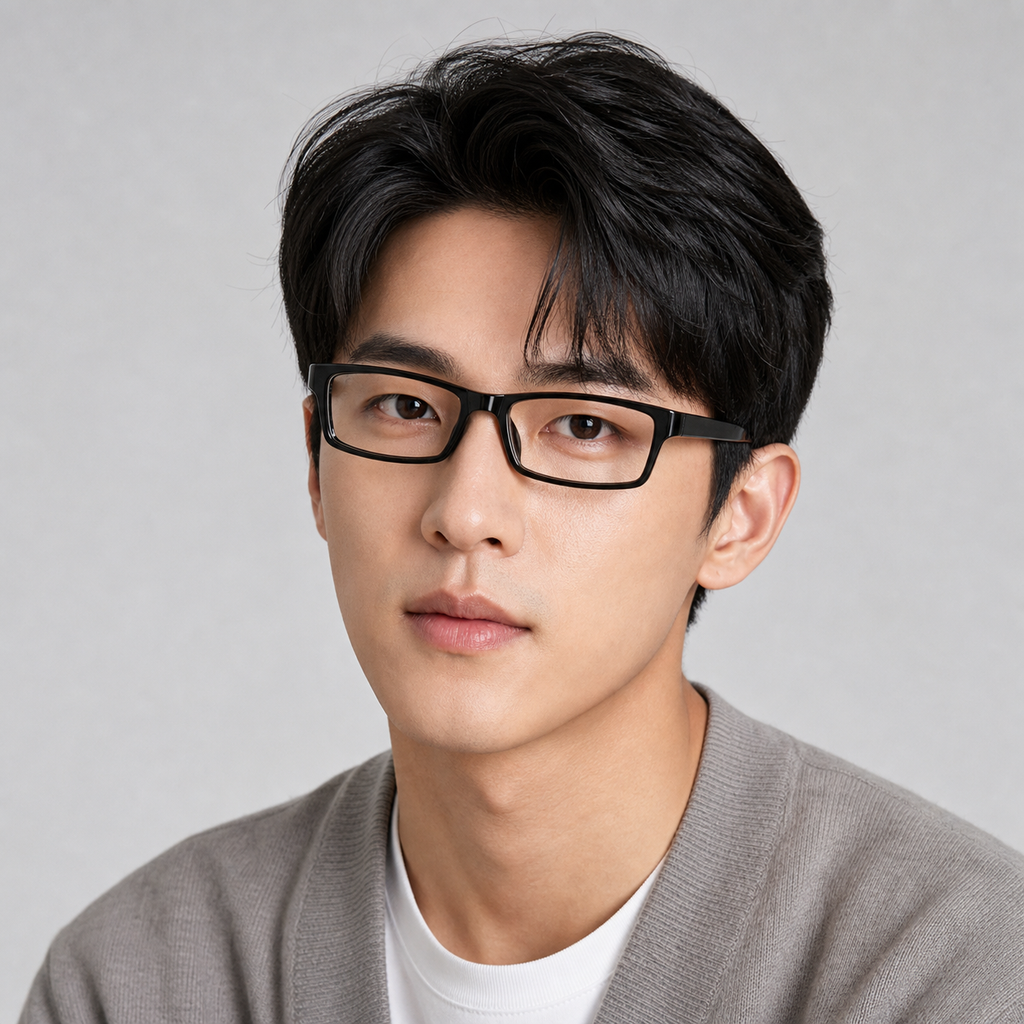 Black TR90 square full-rim glasses worn by an adult East Asian man