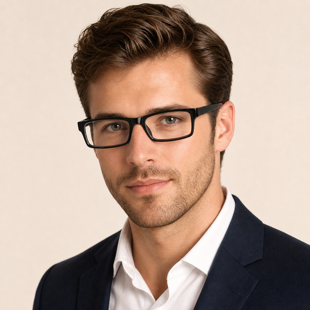 Black TR90 square full-rim glasses worn by an adult White man