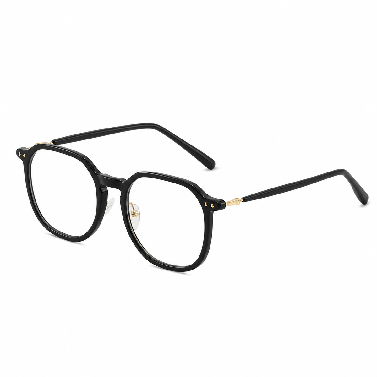 Black unisex polycarbonate rounded full-rim glasses, 45-degree product view