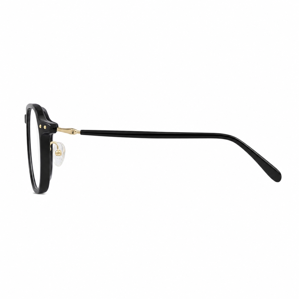 Black unisex polycarbonate rounded full-rim glasses, side-profile product view