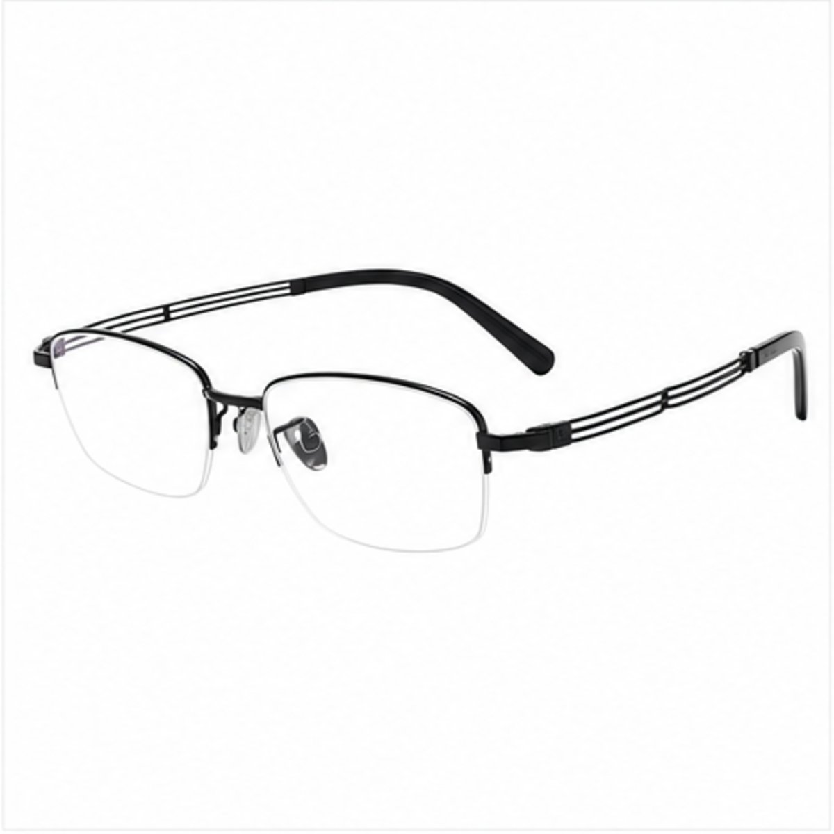 Black unisex professional pure-titanium semi-rimless glasses, 45-degree product view