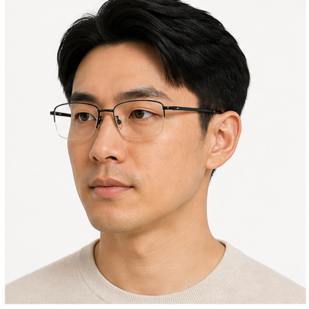Black unisex professional pure titanium semi-rimless glasses worn by an adult East Asian Man