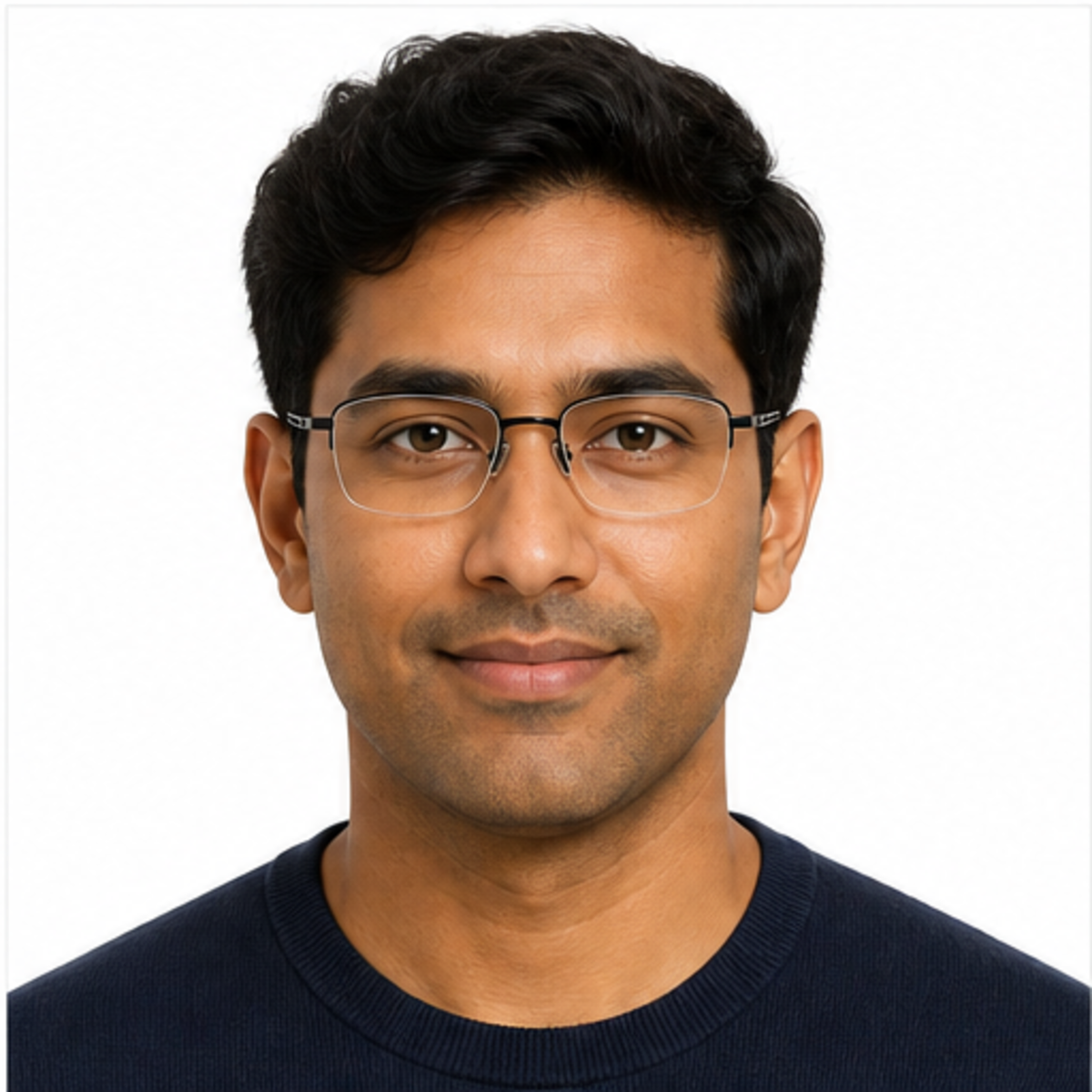 Black unisex professional pure-titanium semi-rimless glasses worn by an adult South Asian Man