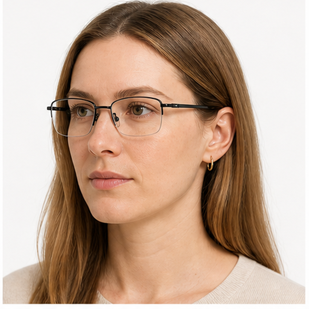 Black unisex professional pure titanium semi-rimless glasses worn by an adult White Woman