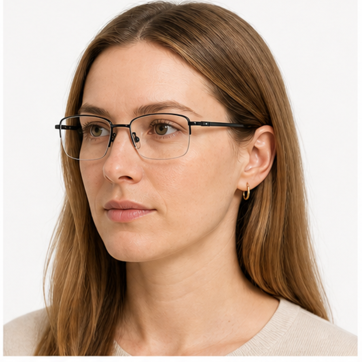 Black unisex professional pure titanium semi-rimless glasses worn by an adult White Woman
