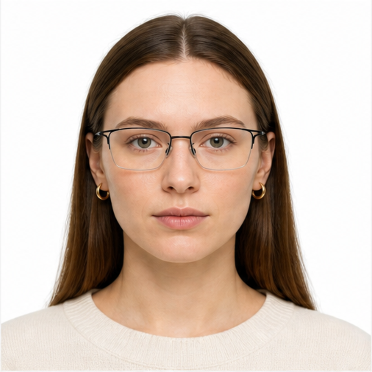 Black unisex titanium semi-rimless glasses worn by an adult White Woman